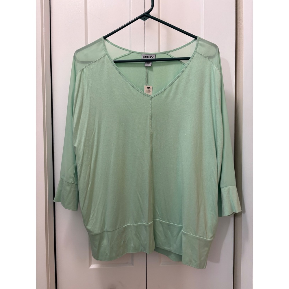 DKNY Mint Green V-Neck Mesh Shoulder Dolman 3/4 Sleeve Knit Top Large NWT